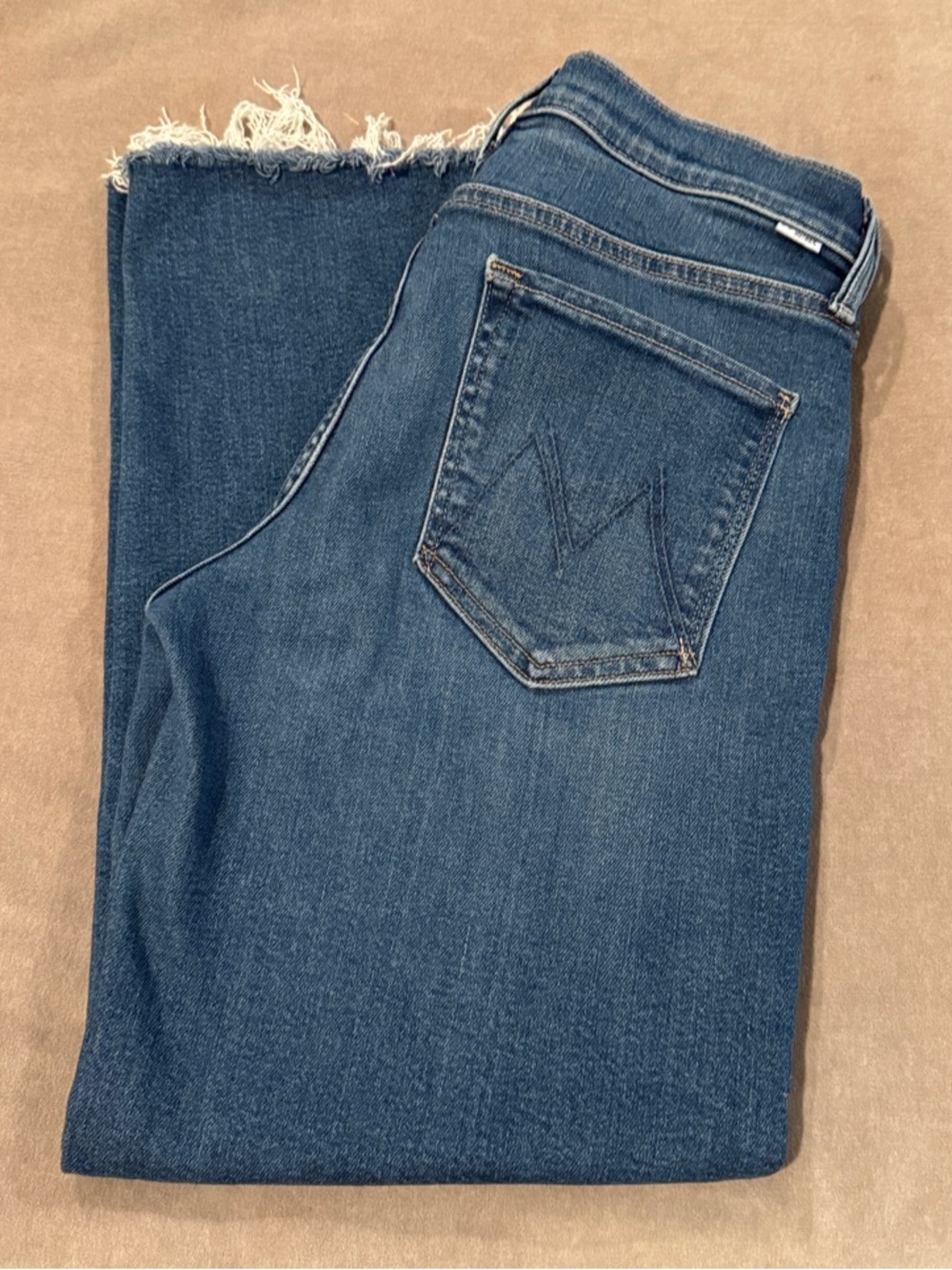 MOTHER Dark Blue Frayed-Hem Cropped Jeans